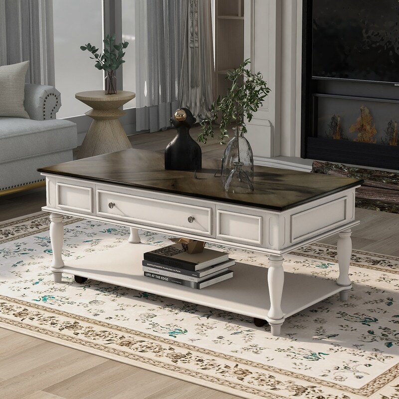 Classic wooden cocktail coffee table with removable vintage center drawers and open shelves