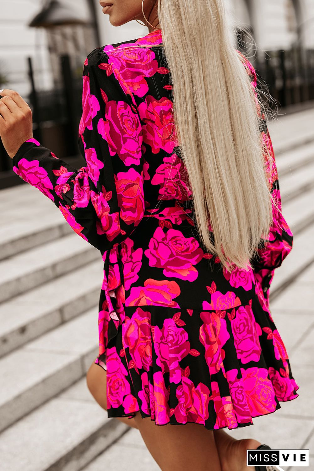 Rose Floral Print V Neck Wrap Bishop Sleeve Ruffle Tiered Mini Dress