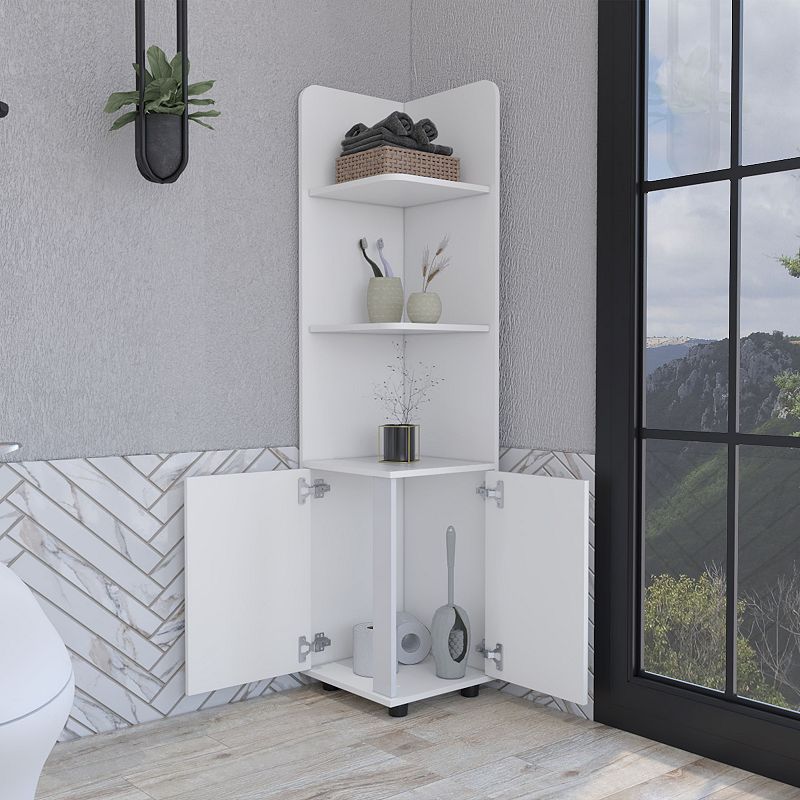 DEPOT E-SHOP Vestal Tall Corner Cabinet with 3-Tier Shelf and 2-Door， White