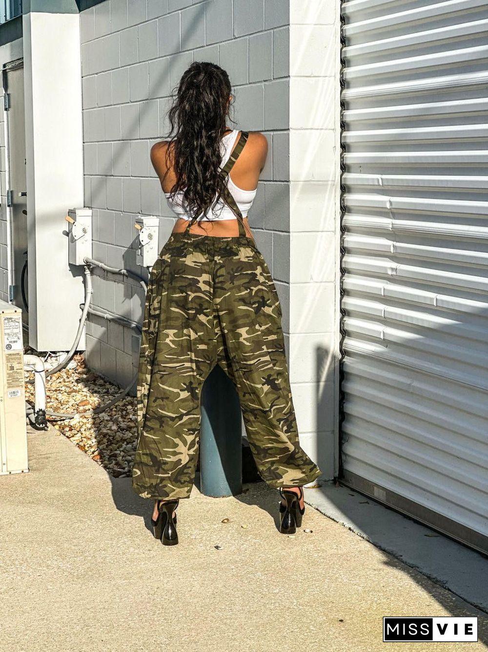 Camo Print Loose Baggy Sleeveless Cargo Jumpsuits