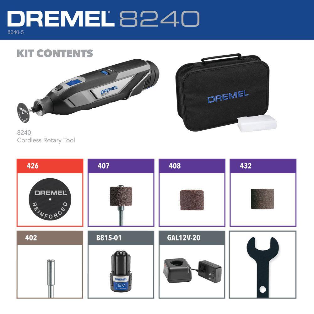 Dremel 12V Li-Ion 2-Amp Variable Speed Cordless Rotary Tool Kit with 2Ah Battery 1 Charger 5 Accessories and Storage Bag 8240-5