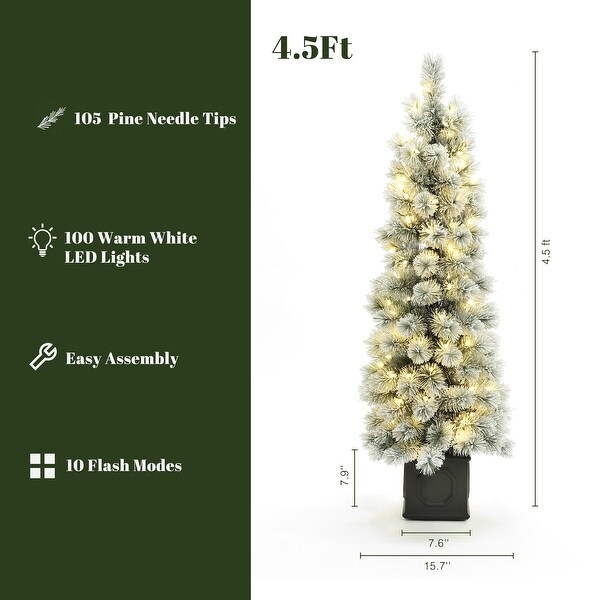 4.5Ft PreLit SnowFlocked Artificial Tree Potted Pine Needles Christmas Tree