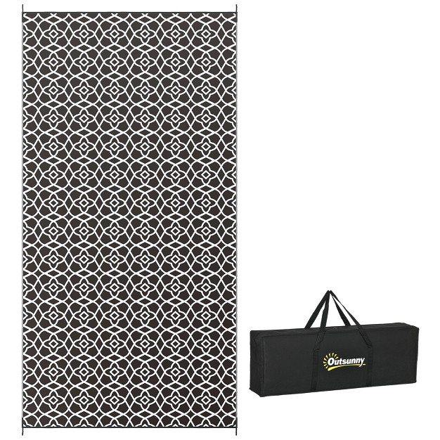 Outsunny Rv Mat Outdoor Patio Rug Large Camping Carpet With Carrying Bag 9 x27 X 18 x27 Waterproof Plastic Straw Reversible Black amp White Clover