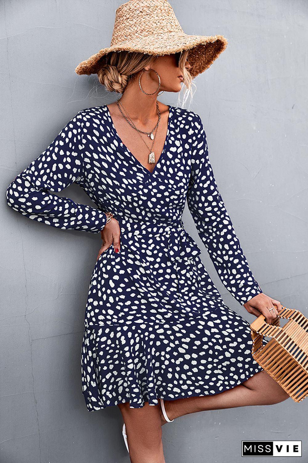 Polka Dot Long Sleeve Midi Dress Wholesale