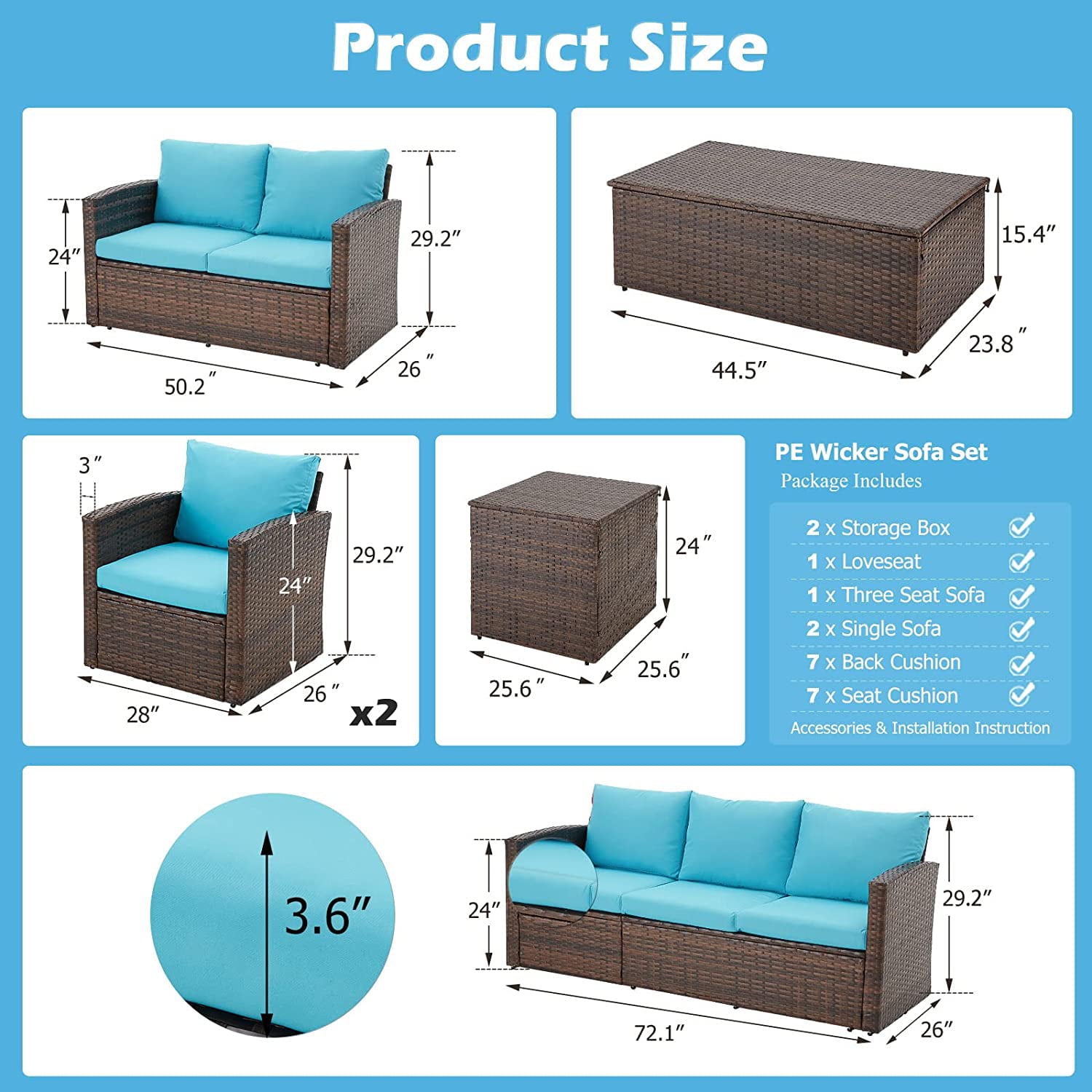 AECOJOY 6 Pieces Outdoor Furniture Set Patio Rattan Wicker Sectional Sofa Conversation Set, Blue