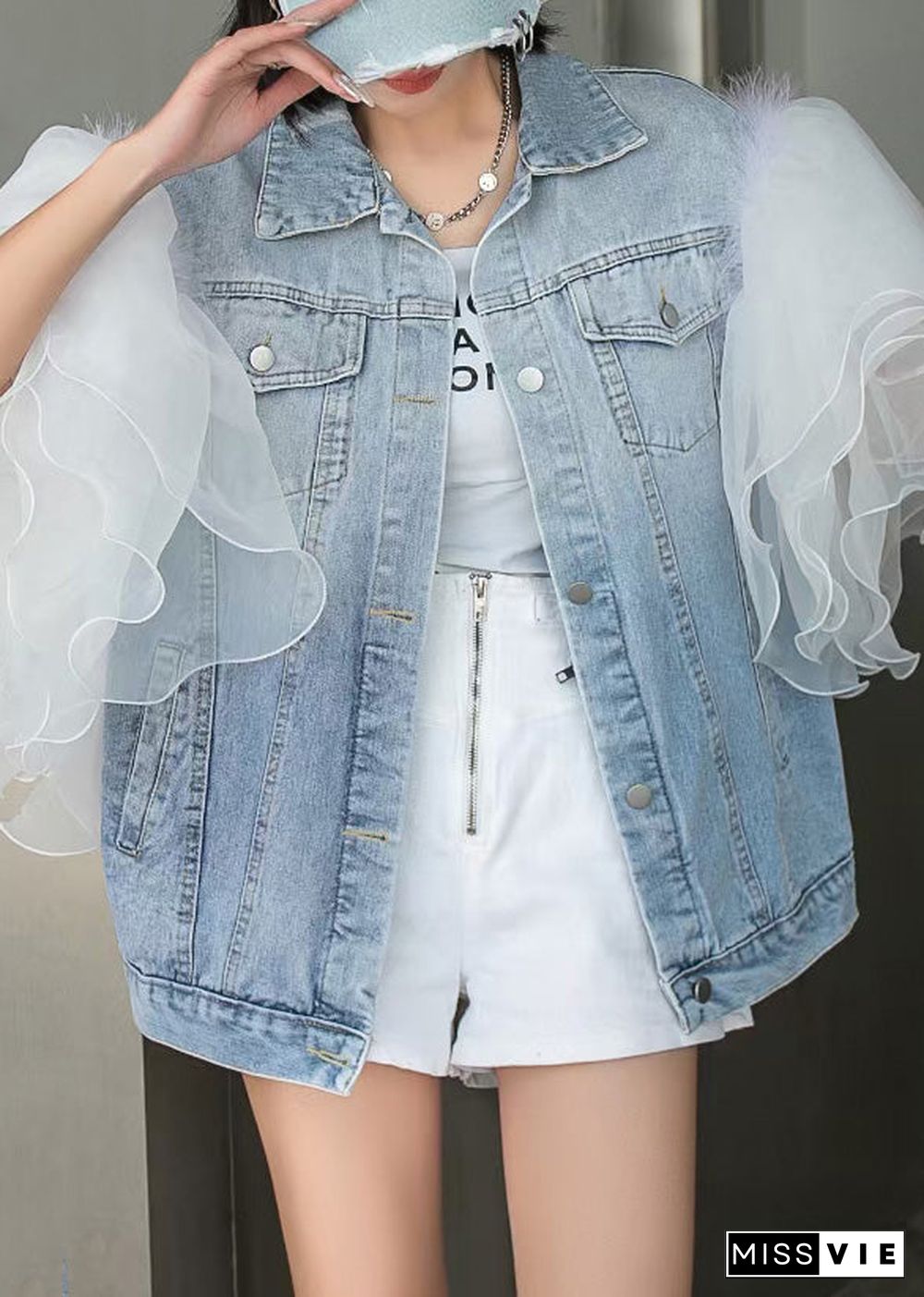 Style Blue Ruffled Tulle Patchwork Button Coats Short Sleeve