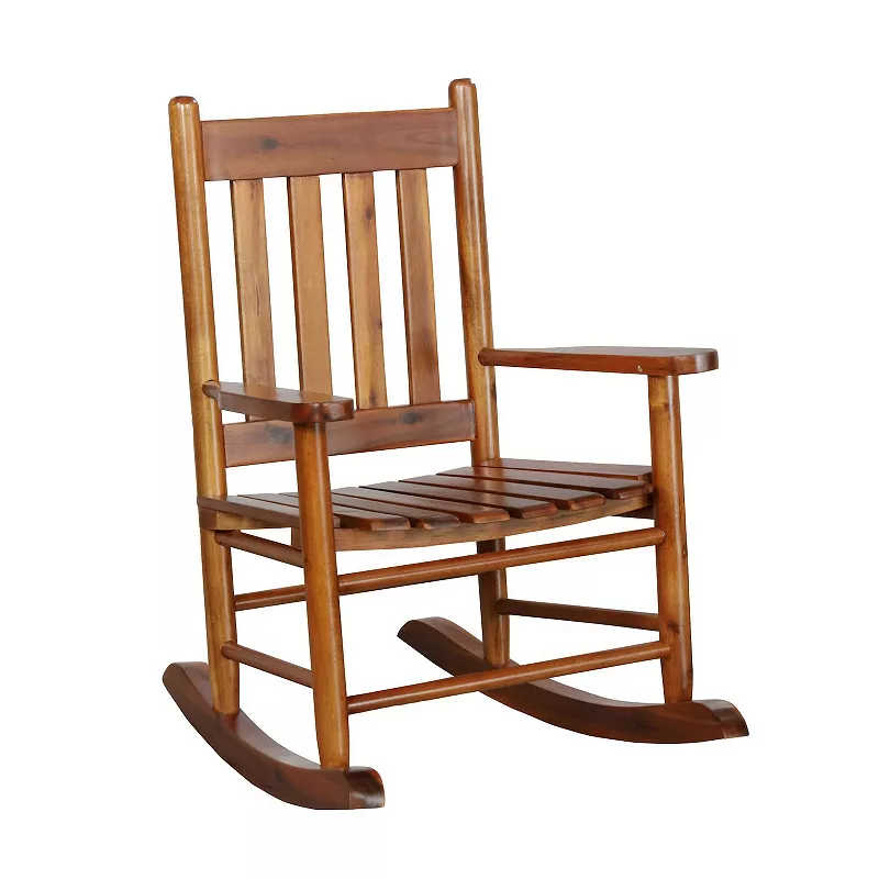 Rocking Chair with Slatted Design Back and Seat， Brown