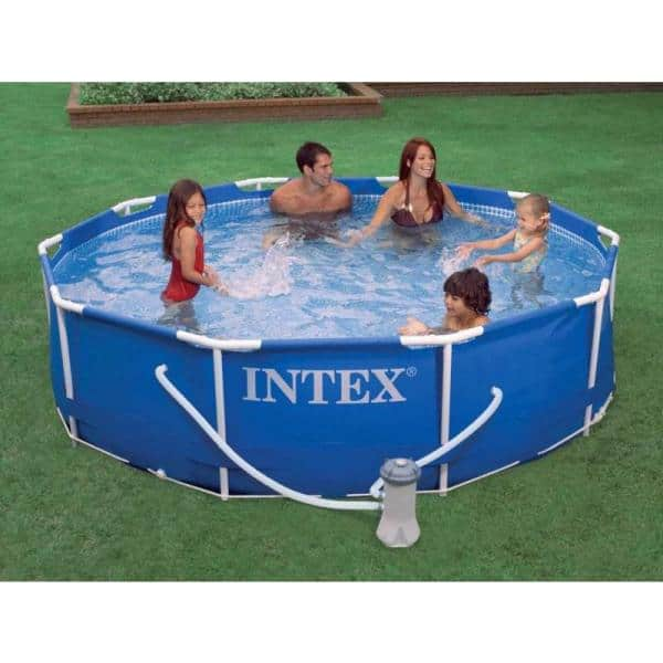 INTEX 10 ft. x 30 in. Deep Round Metal Frame Above Ground Swimming Pool with 330 GPH Pump and Filters, 1718 Gallons Capacity 28201EH + 29007E