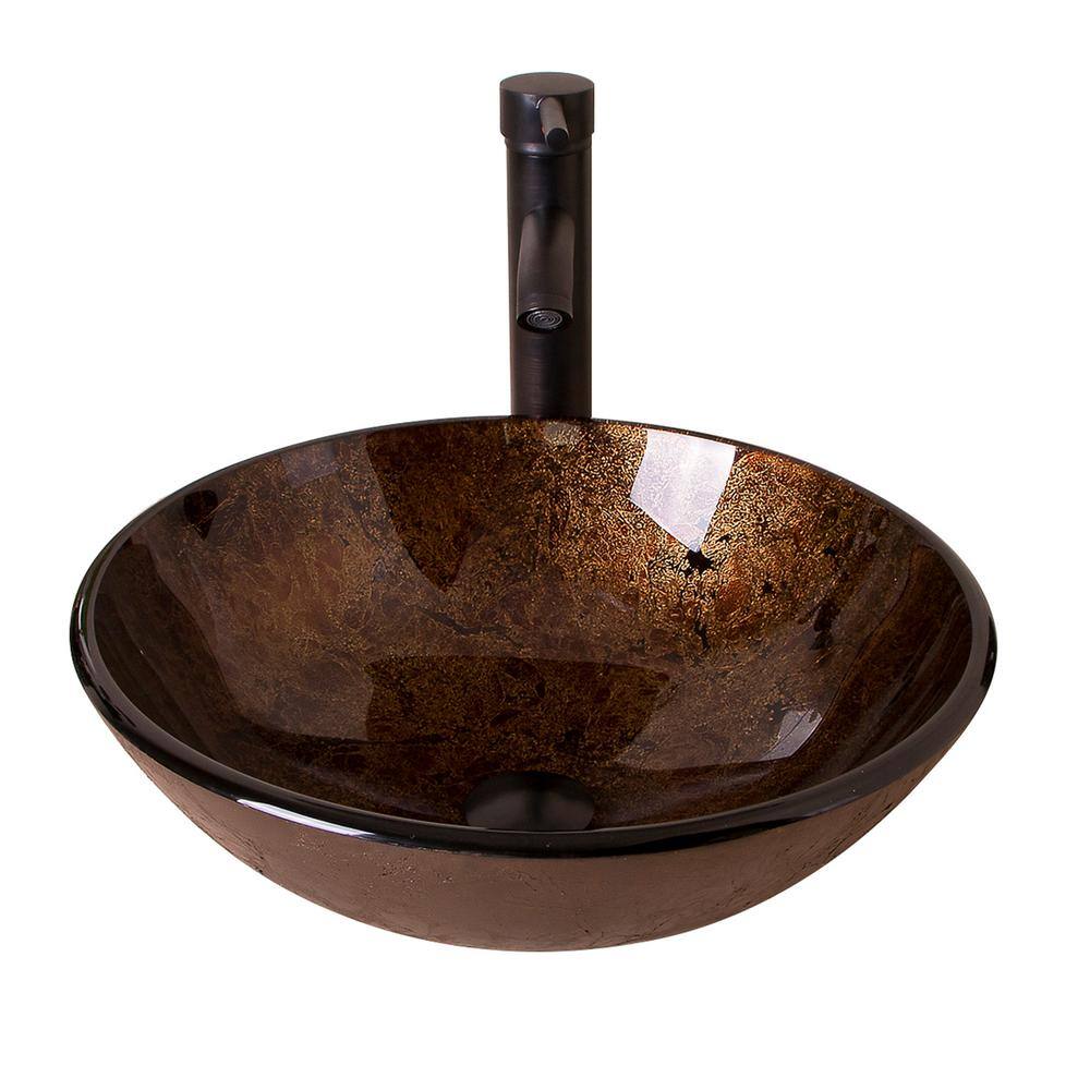 Flynama Solid Tempered Glass Round Bathroom Vessel Sink in Brown with Oil Rubbed Bronze Faucet and Chrome Pop-Up Drain USBR1001