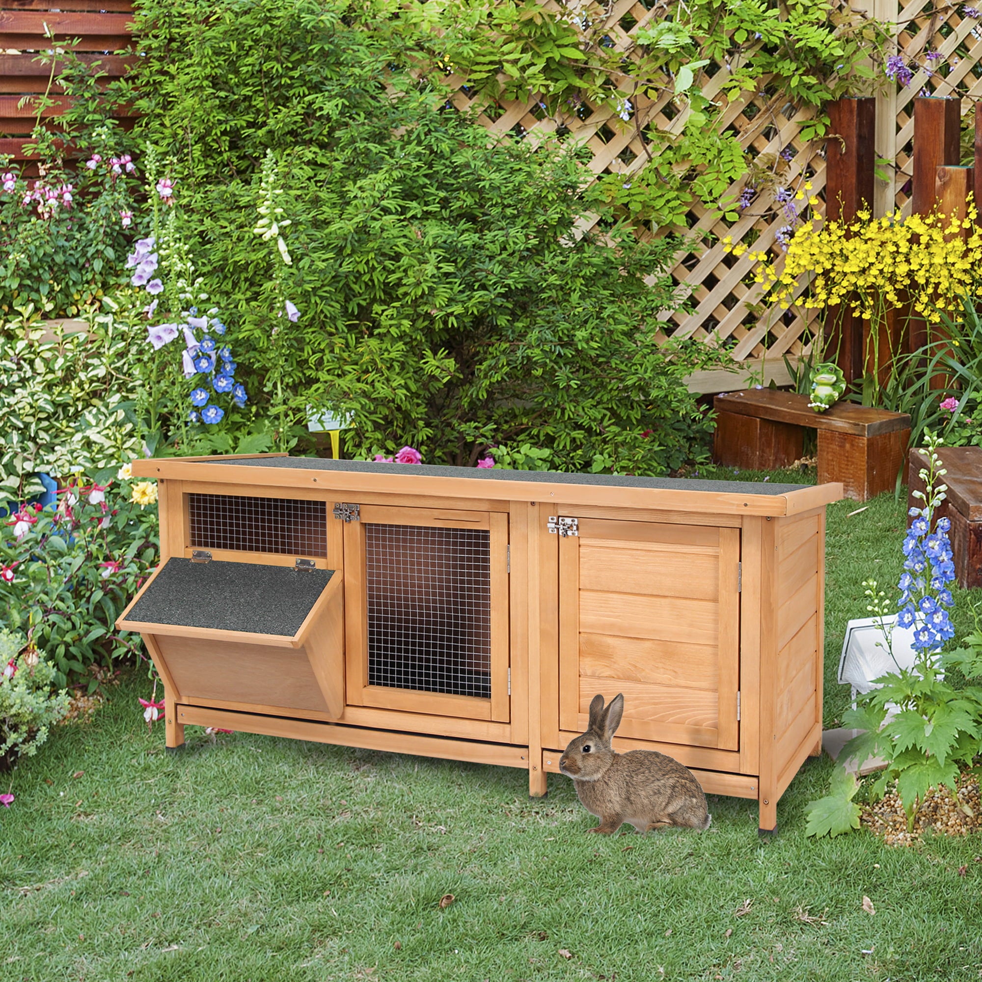 PawHut Bunny Cage w/ Feeding Trough Cleaning Tray for Rabbits and Guinea Pigs