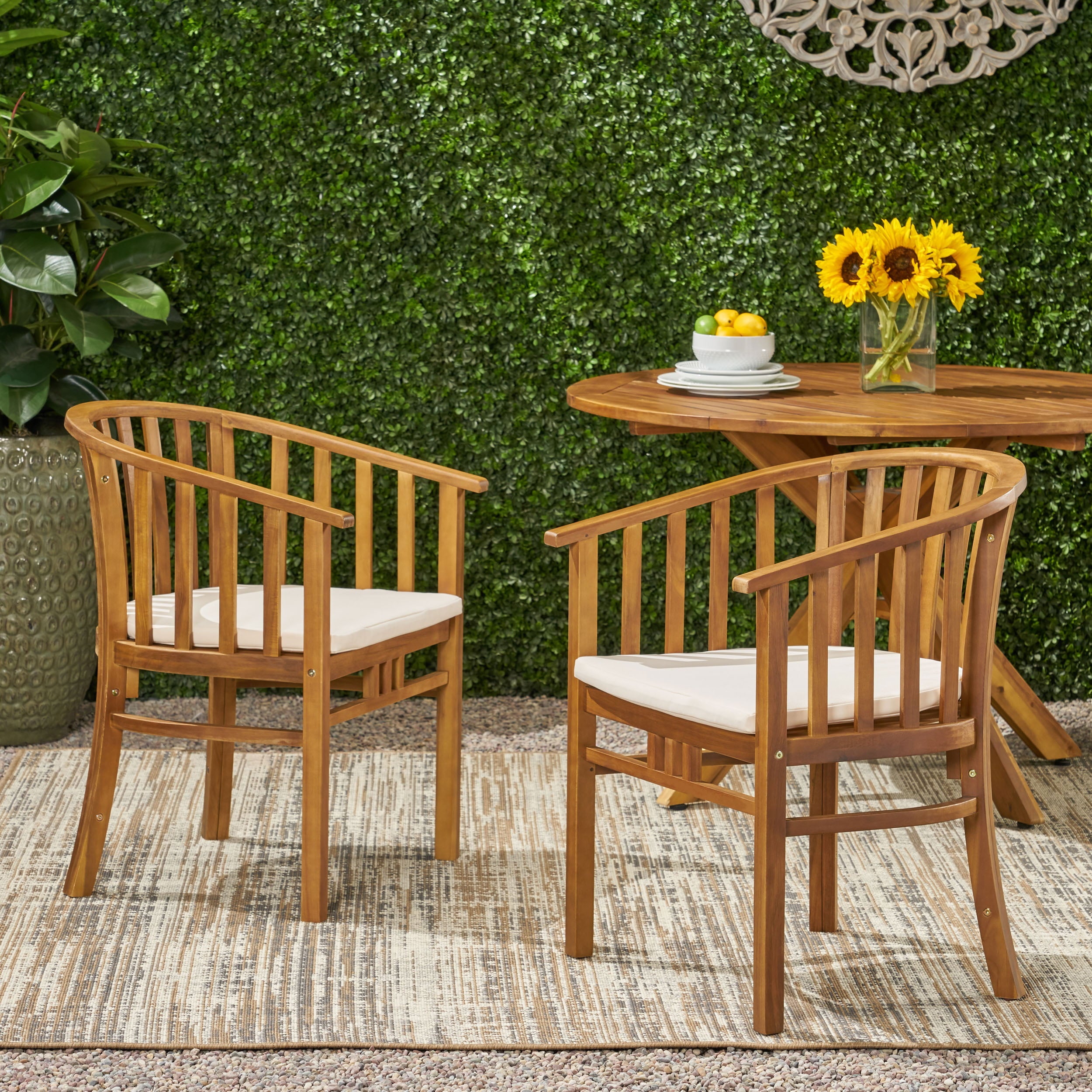 GDF Studio Rosin Outdoor Acacia Wood Dining Chairs with Cushion, Set of 2, Cream and Teak