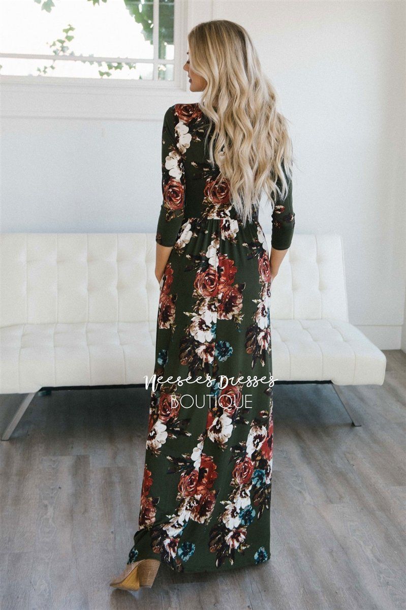 Olive Watercolor Floral Maxi Dress