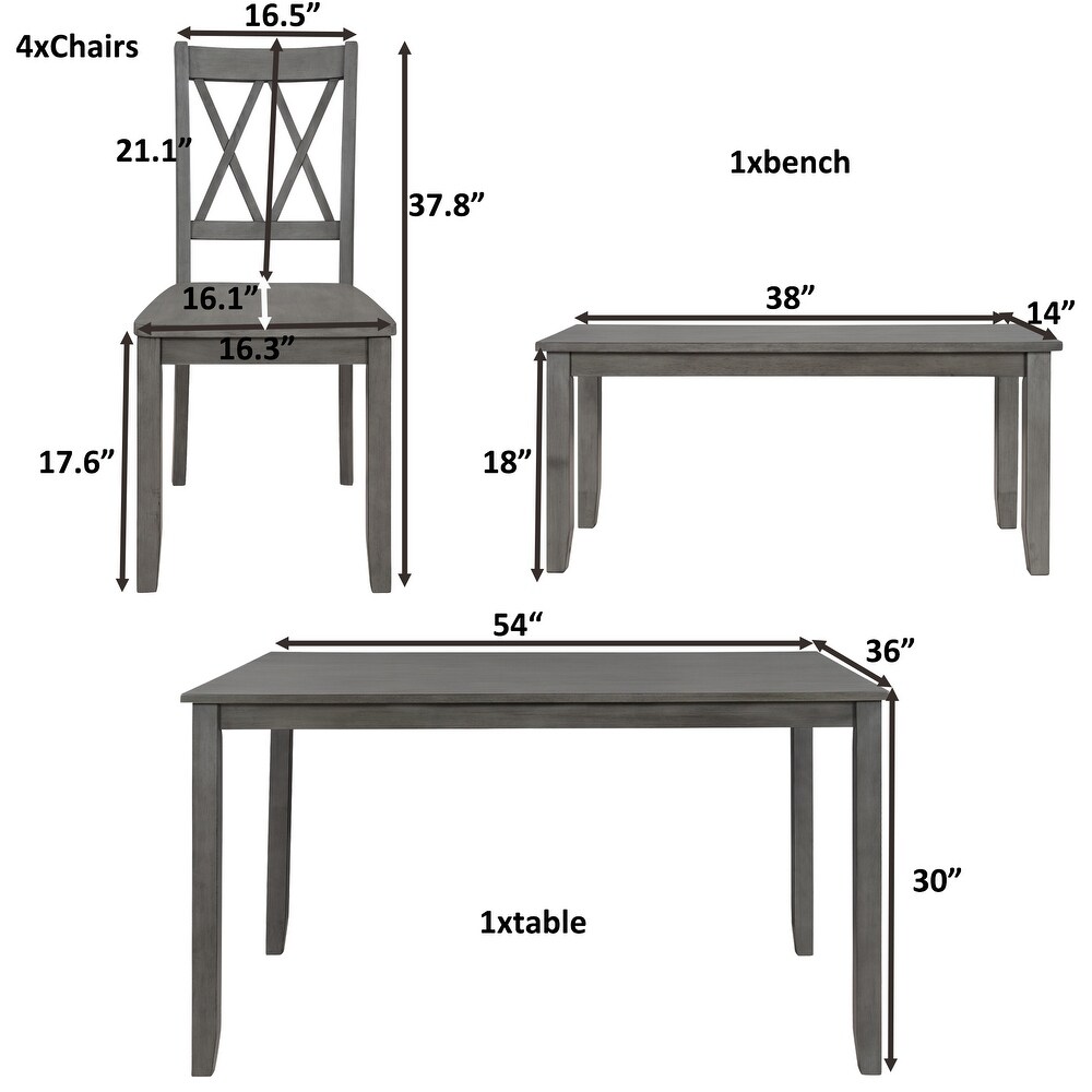 Classic Farmhouse 6 piece Wooden Dining Set with Rectangular Dining Table and Cross Back Side Chairs   Bench  for Dining Room