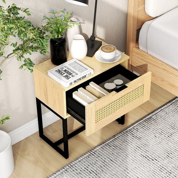 Nightstand， Side Table with Wicker Rattan