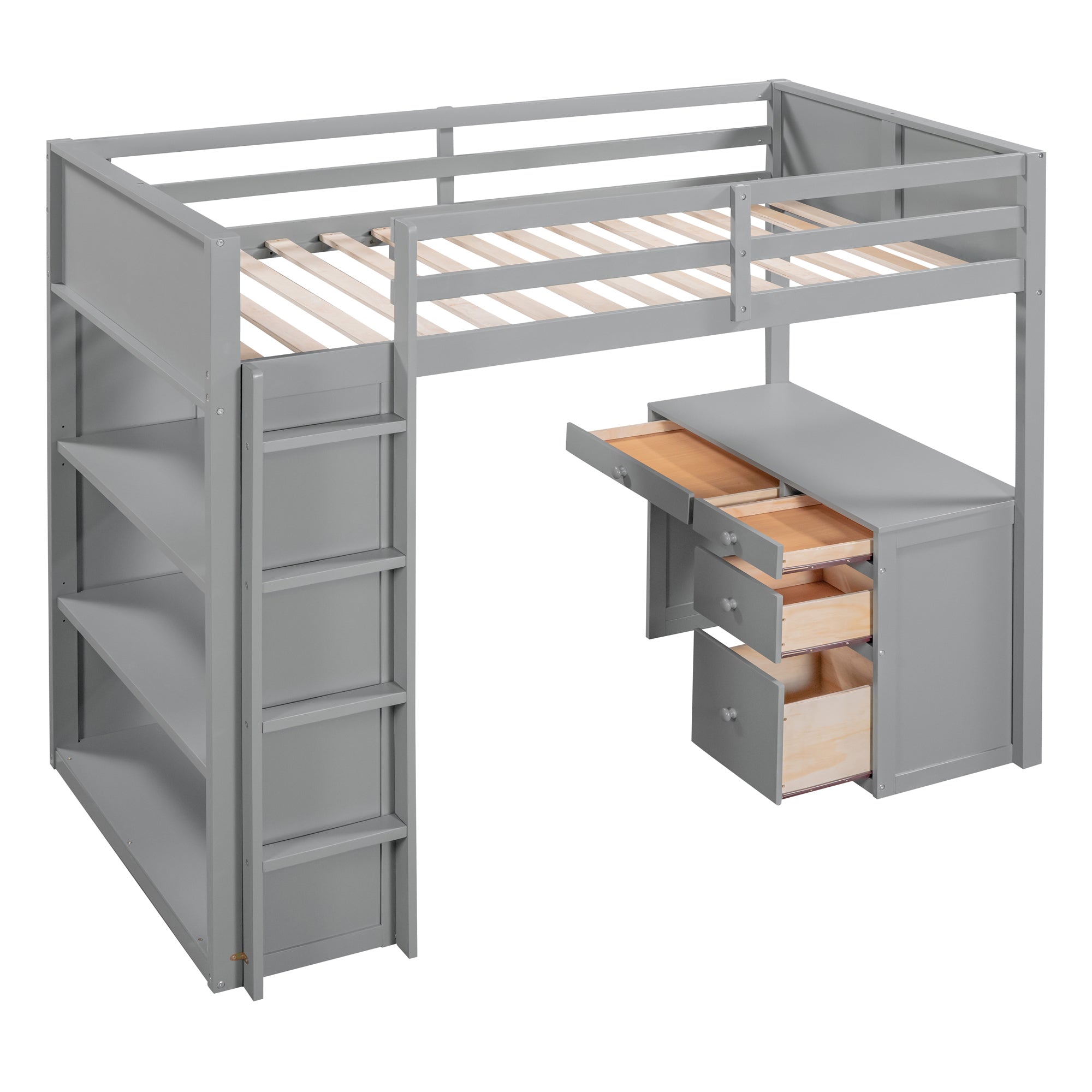 Bellemave Full Size Loft Bed with Desk and Shelves, Wood High Loft Bed Frame with Storage and Ladder, for Kids Teens Adults, Gray