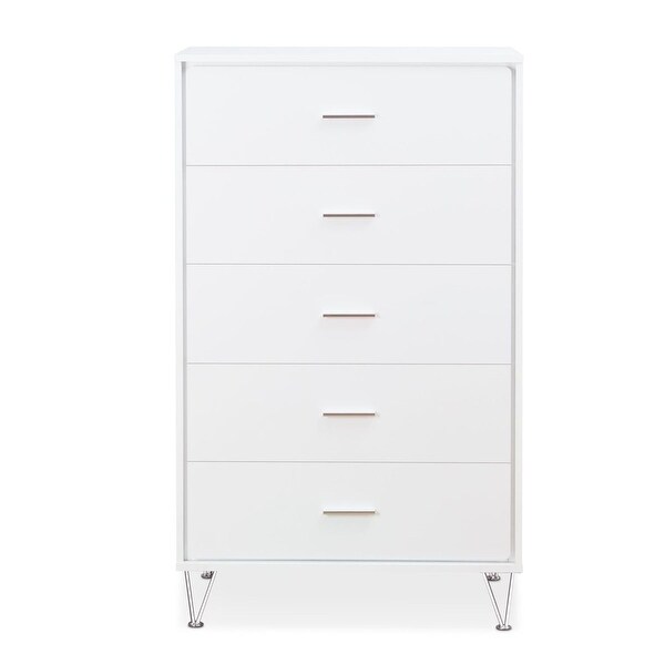 Wood Chest， Dresser Storage Cabinet with 5 Drawers， Metal Legs， White - - 35613526