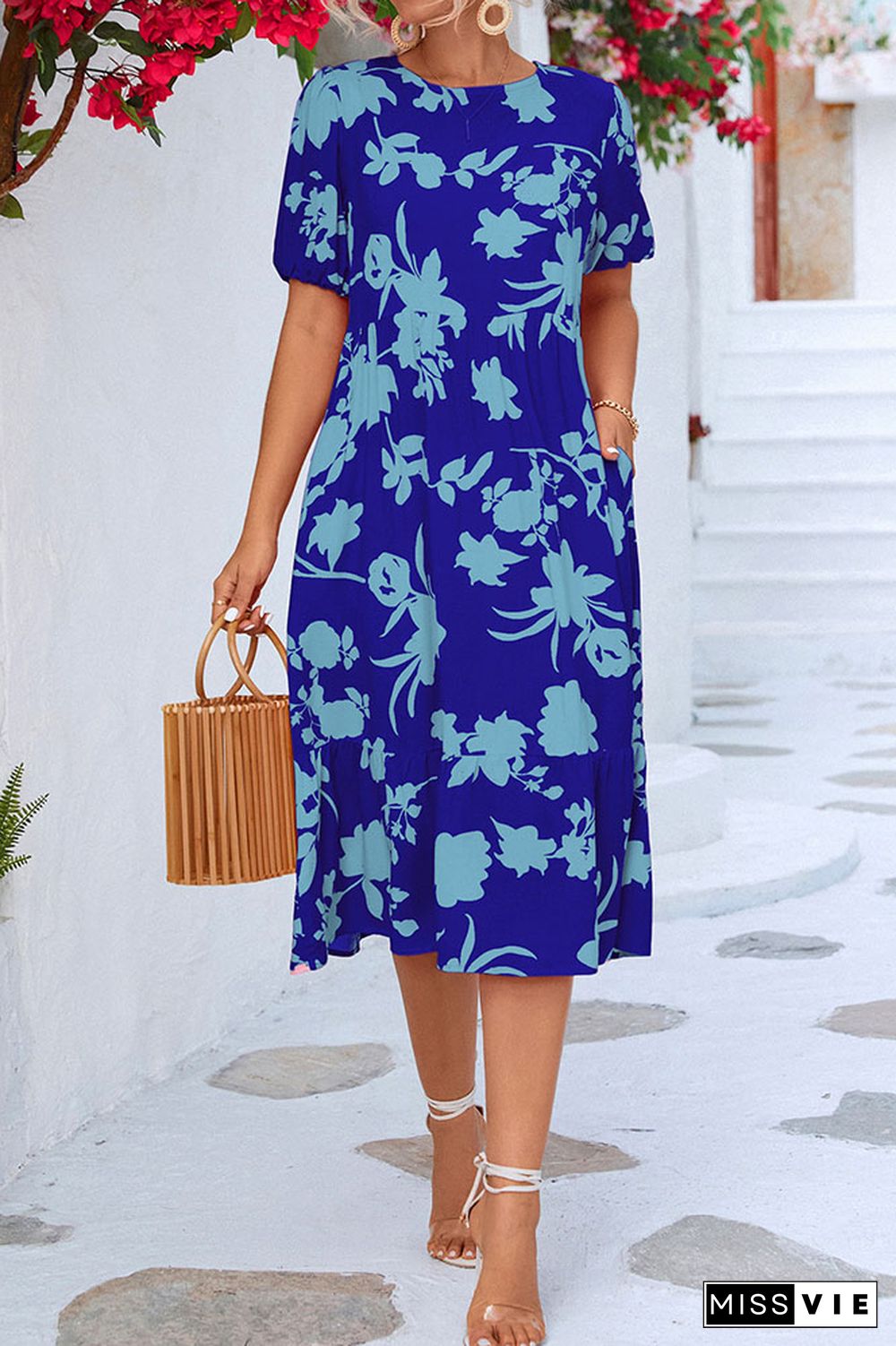 Round Neck Pleated Floral Midi Dress