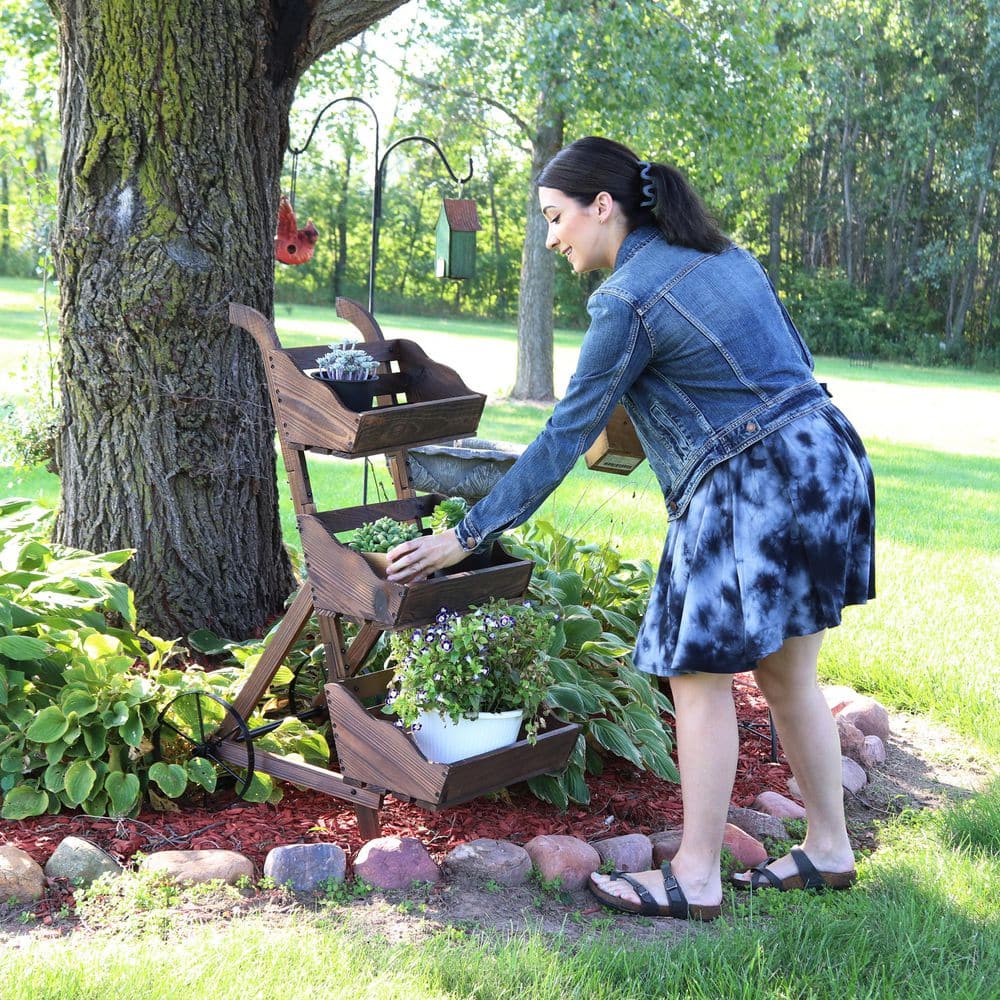 Sunnydaze 3-Tier Wooden Rolling Planter DSL-947