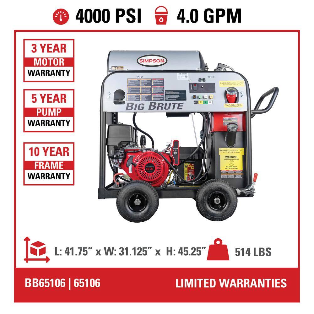 SIMPSON Big Brute 4000 PSI 4.0 GPM Gas Hot Water Pressure Washer with HONDA GX390 Engine 65106