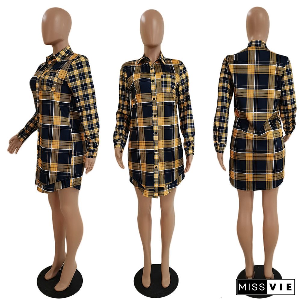 Autumn Women Long Sleeve Grid Printed Button Shirt Dress