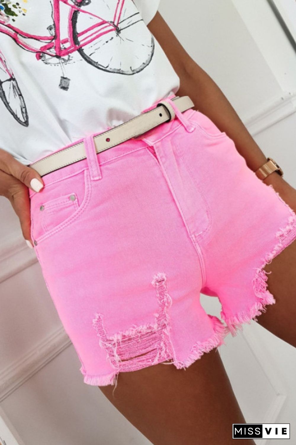 Rose Solid Color Distressed Denim Shorts