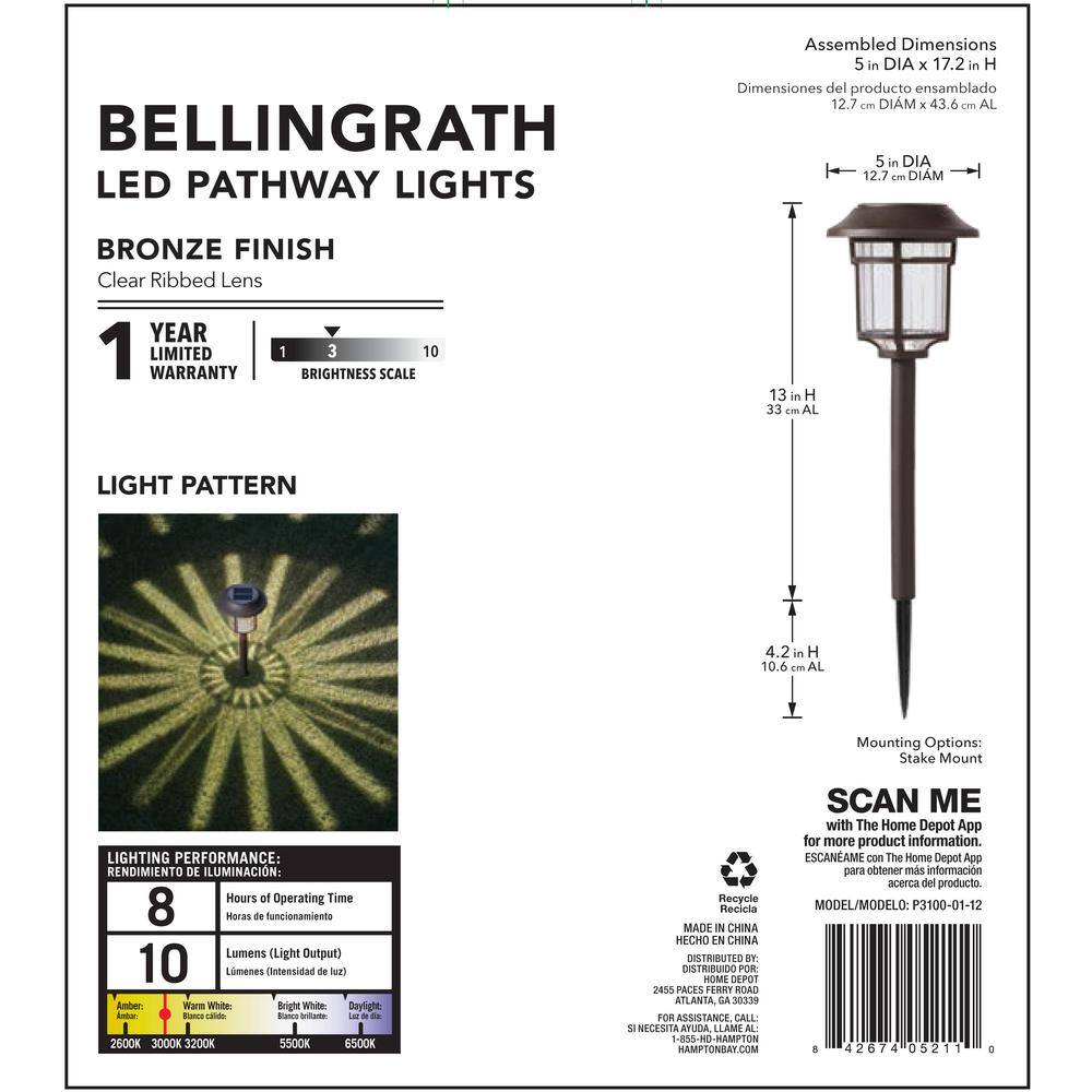 Hampton Bay Bellingrath 10 Lumens Solar Bronze LED Path Light P3100-01-12