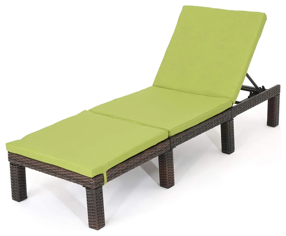 Outdoor Adjustable Chaise Lounge  Multibrown Wicker With Green Polyester Cushion   Tropical   Outdoor Chaise Lounges   by Decor Love  Houzz