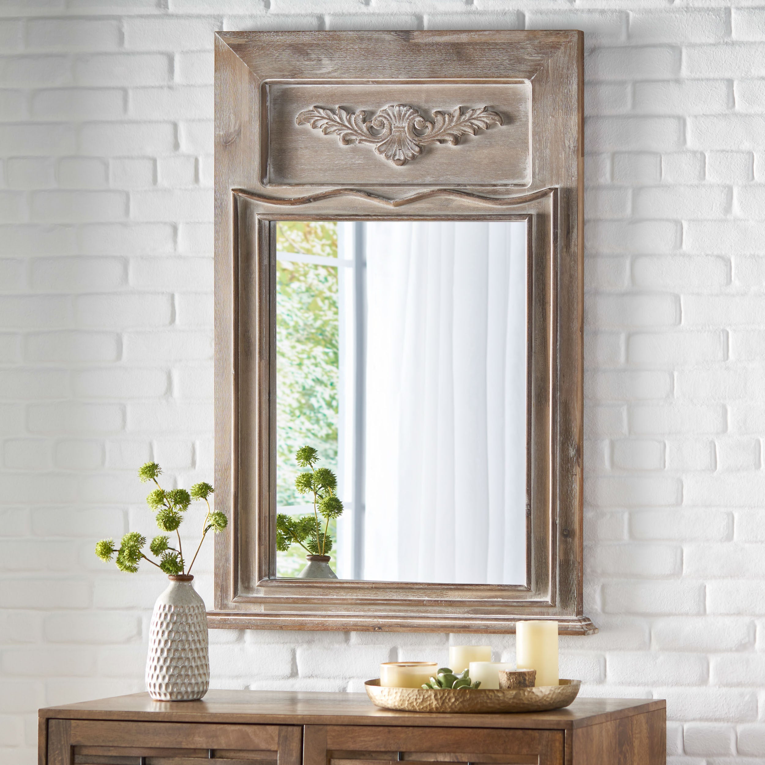 Ivey Cosby Traditional Acacia Wood Wall Mirror, White Washed Gray