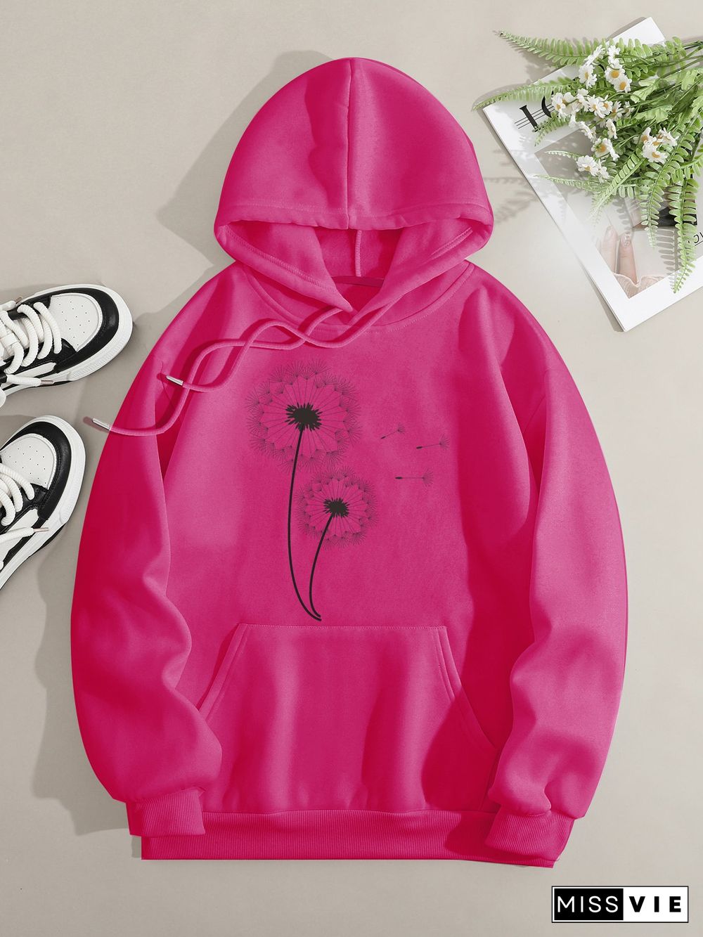 Printed on front Kangaroo Pocket Hoodie Long Sleeve for Women Pattern Dandelion