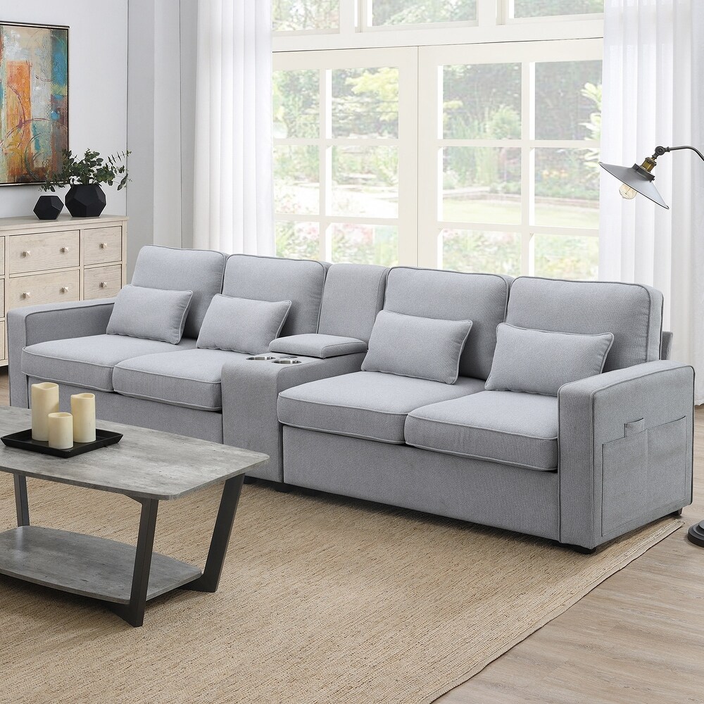 4 seat Linen Sofa Set Livingroom Couch w/ Pillows   USB Port   Pocket