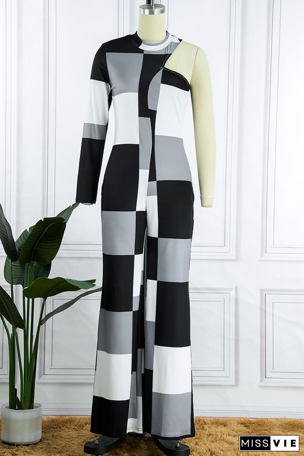 Black White Casual Print Hollowed Out Patchwork Half A Turtleneck Straight Jumpsuits