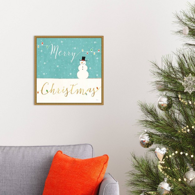 X 16 quot Merry Christmas Snowman By Veronique Charron Framed Canvas Wall Art Amanti Art