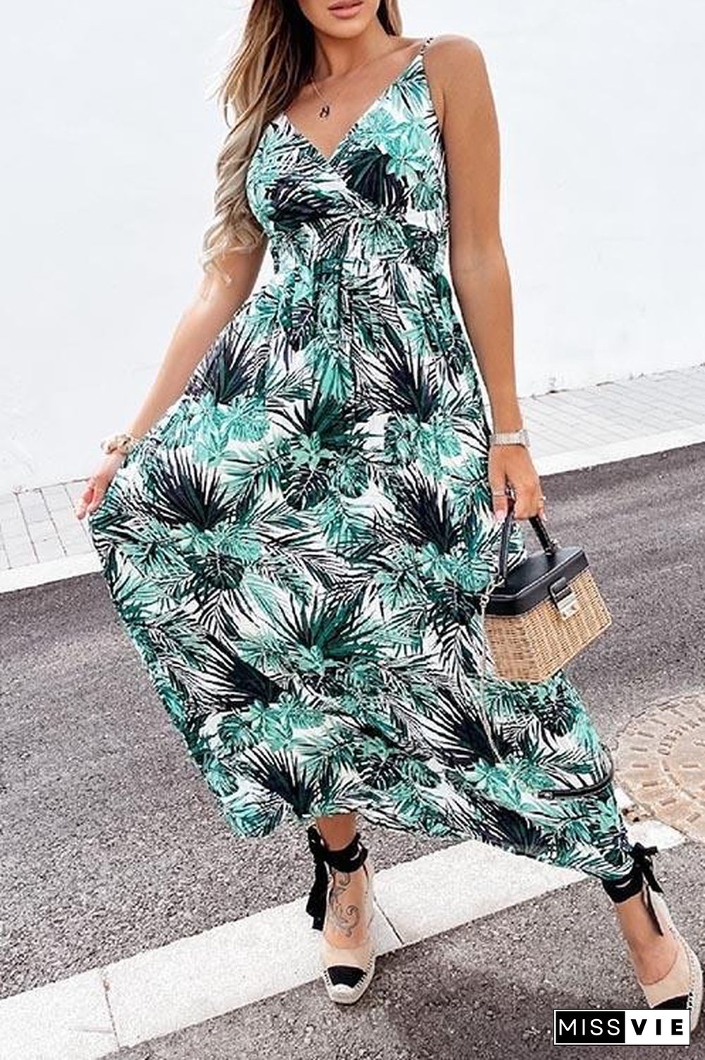 Summer Leaf Print Suspender Maxi Dress