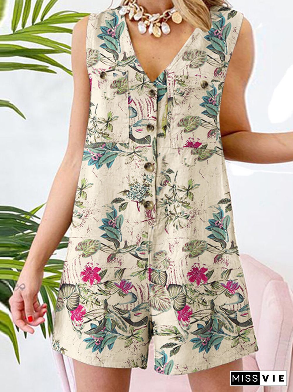 Plant Print Pocket Button Sleeveless V Neck Casual Cotton Romper