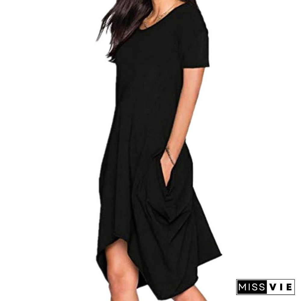 Summer Women's Fashion Solid Color Tunics Irregular T-Shirt Dresses Loose Casual O-Neck Chiffon Short Sleeves Dress Sexy Beach Dress Plus Size Pocket Dress Ruffles Party Mini Dress S-7Xl