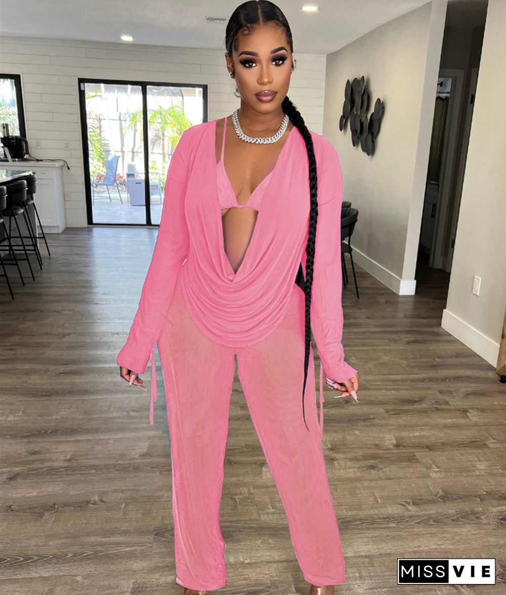 Mesh Matching Outfit Sexy 3 Piece Pants Set