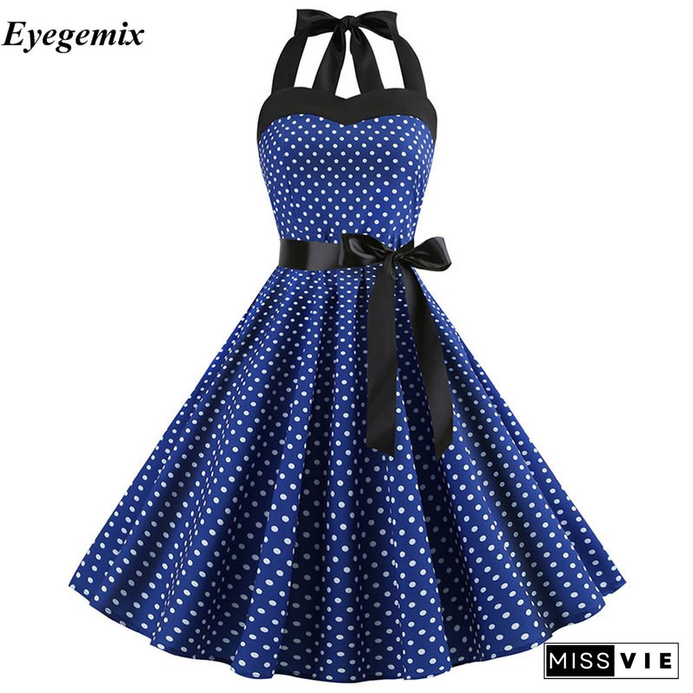 Women Polka Dot Print Summer Dress Sexy Retro White Black Halter Vintage Dress Robe Femme Pin Up 50S 60s Rockabilly Party Dress