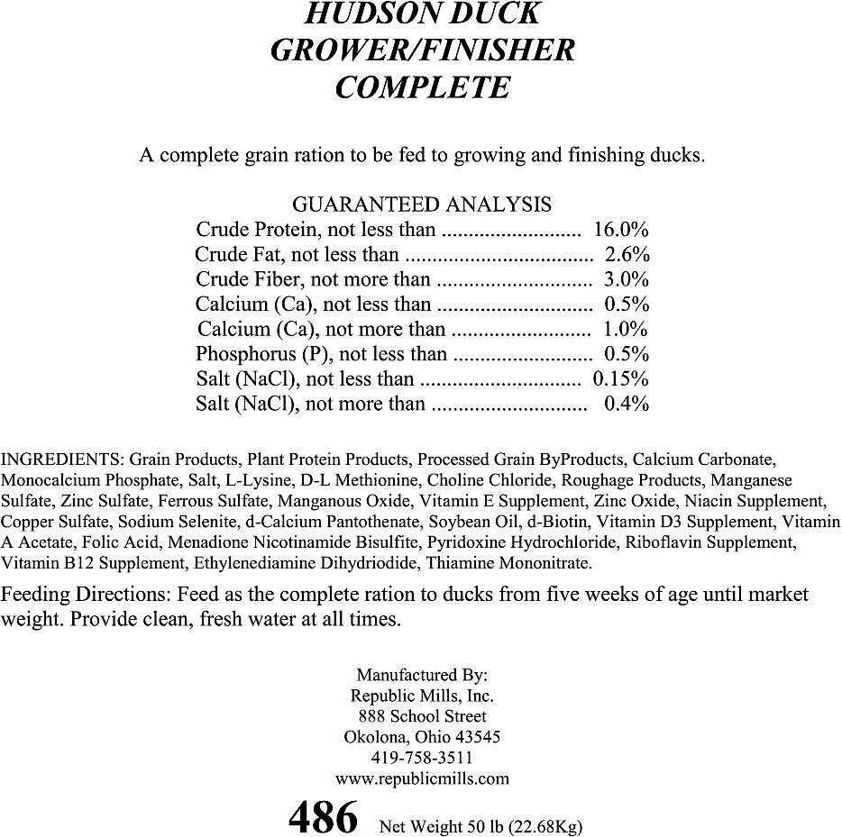 Hudson Feeds Duck Grower and Finisher 16% Complete Plain Turkey Food， 50-lb bag