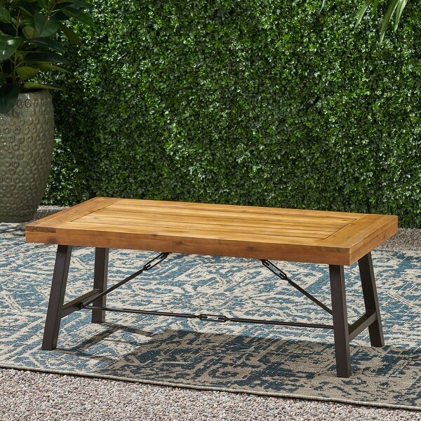 Outdoor Acacia Wood Coffee Table，Teak Finish / Rustic Metal Brown and Black，27.25