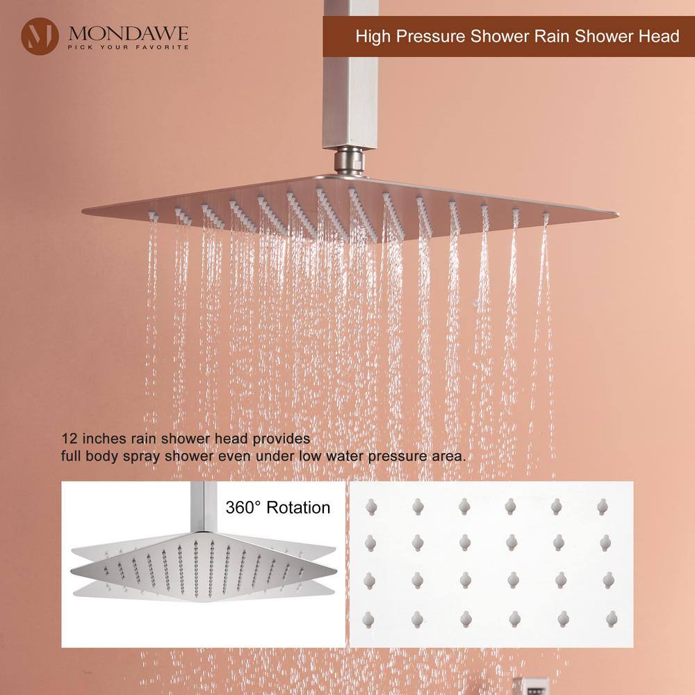 Mondawe Luxury 7-Spray Patterns Thermostatic 12 in. Ceiling Mount Rainfall Dual Shower Heads with 6-Jet in Brushed Nickel WF6310-12BN