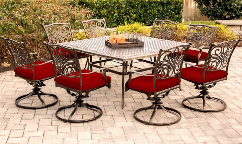 Hanover Traditions 9-Piece Outdoor Dining Set In Red/Cast With 8 Swivel Rockers， 60 Square Cast Table