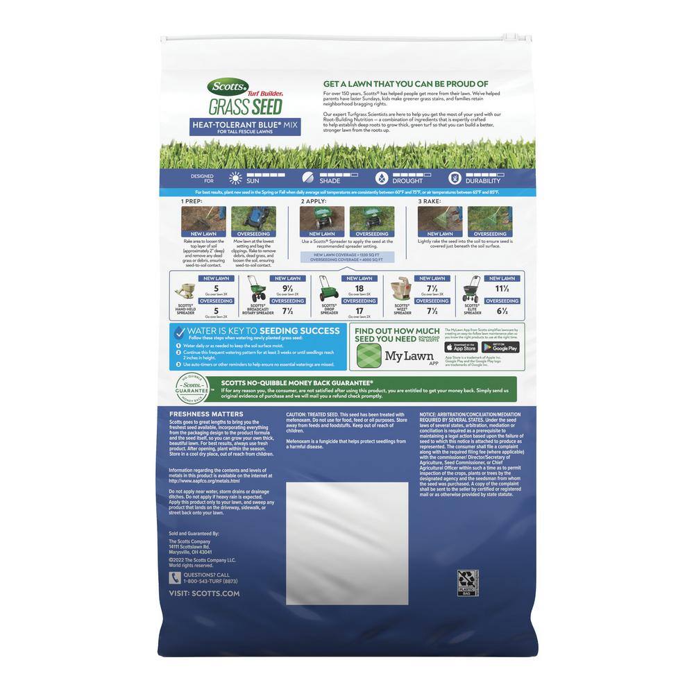 Scotts Turf Builder 16 lbs. Grass Seed Heat-Tolerant Blue Mix for Tall Fescue Lawns with Fertilizer and Soil Improver 18024