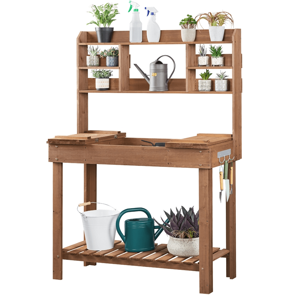 Yaheetech Potting Bench Table with Display Rack/ Storage Shelf/ Hanger, Brown