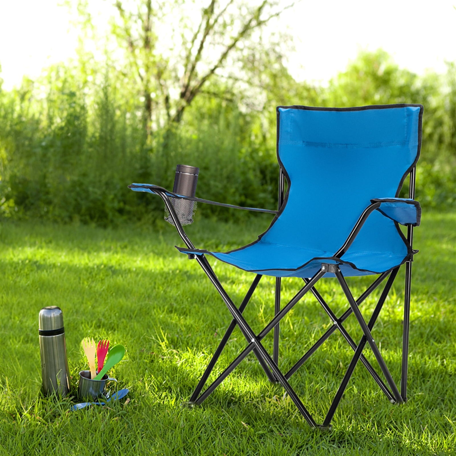 JUMPER Folding Camp Chair, Portable Beach Chairs Lawn Chairs Lounge Chairs with Armrest and Cup Holder for Fishing, Camping, and Outdoors, Blue