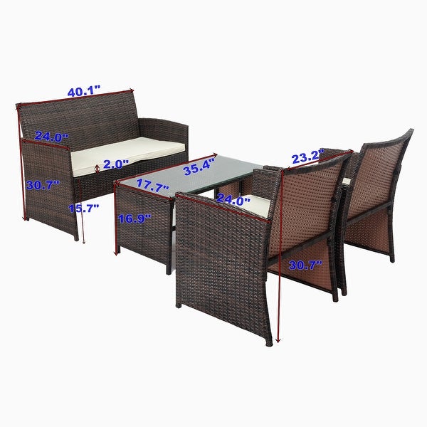 4 Piece Wicker Rattan Outdoor Sofa Set with Beige Cushions and Tempered Glass Coffee Table - Overstock - 37454179