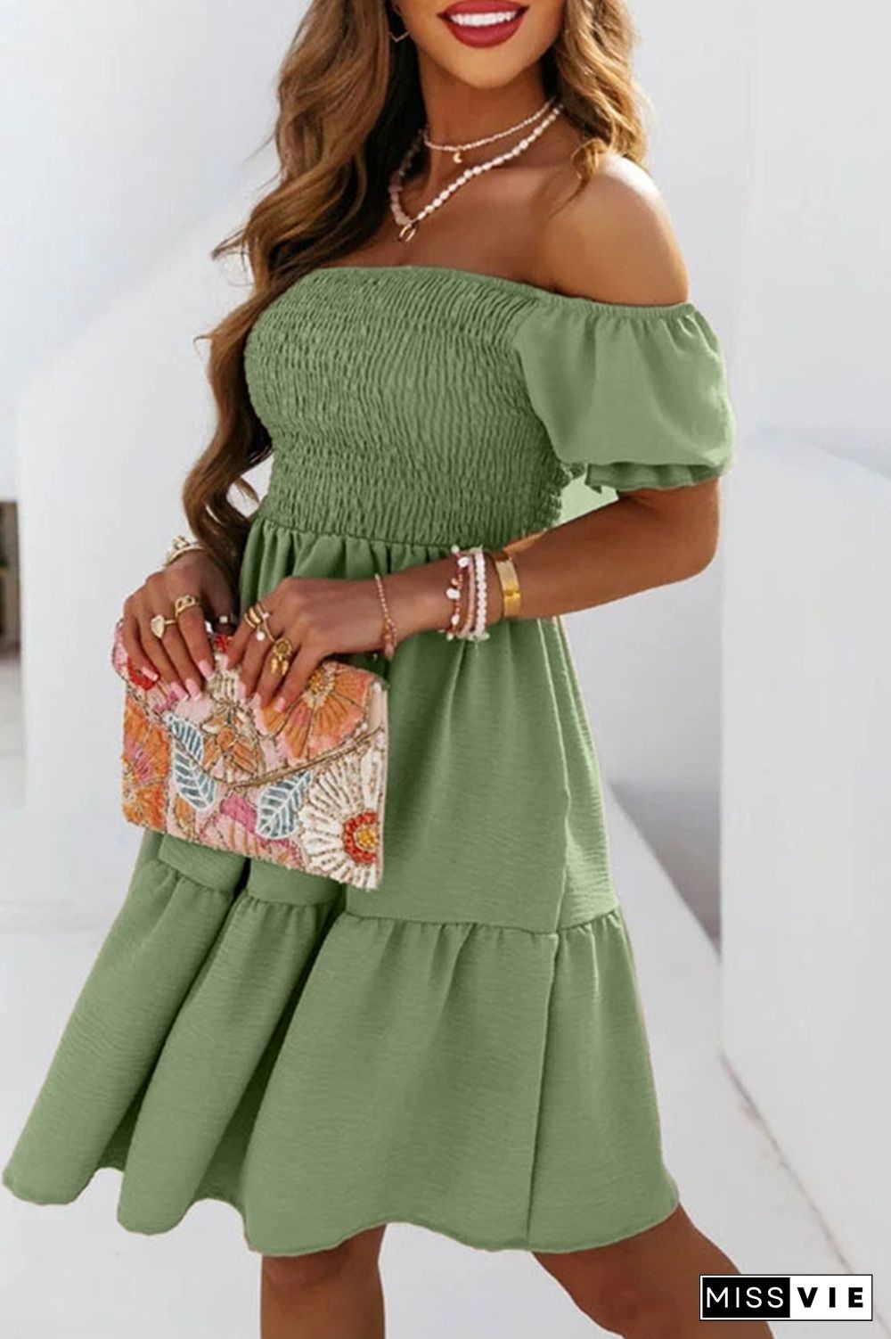 Casual Solid Patchwork Off the Shoulder Cake Skirt Dresses(4 colors)