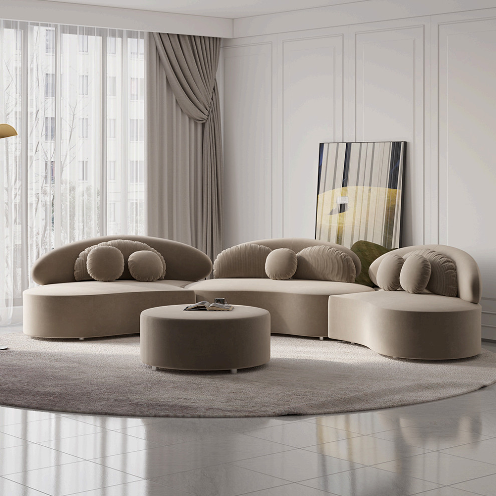 Khaki 4 Pieces Curved Sectional Modular Sofa Velvet Upholstered with Ottoman   Contemporary   Sectional Sofas   by Homary International Limited  Houzz