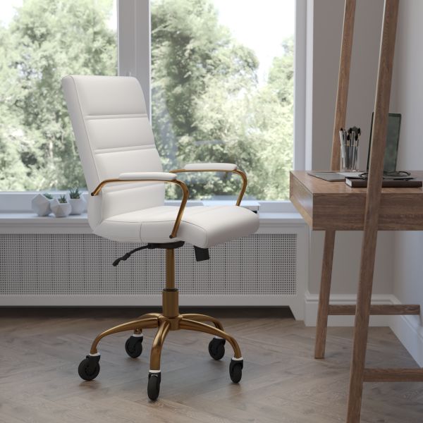 Camilia Mid-Back White LeatherSoft Executive Swivel Office Chair with Gold Frame， Arms， and Transparent Roller Wheels