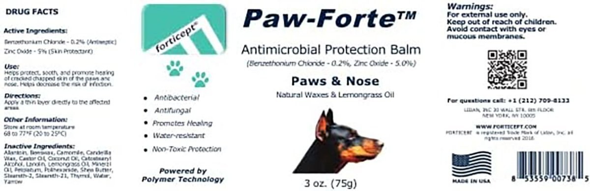 Forticept Paw-Forte Antimicrobial Paw and Nose Dog and Cat Protection Balm， 3-oz tin