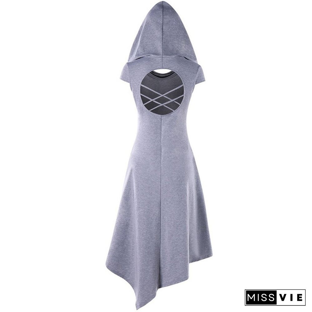 Gothic Medieval Style Women Hooded Criss Cross Irregular Handkerchief Dress Summer Casual Sleeveless Dress Asymmetrical Dresses